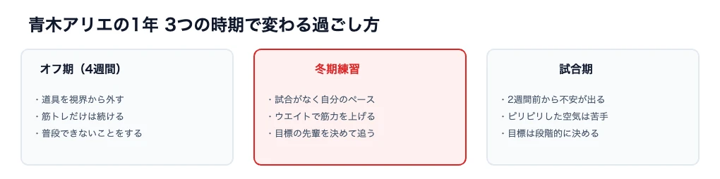 青木アリエのオフシーズン|陸上400mの冬期練習の過ごし方 7 青木アリエ選手のオフ期と冬期練習と試合期の過ごし方を比較した図解