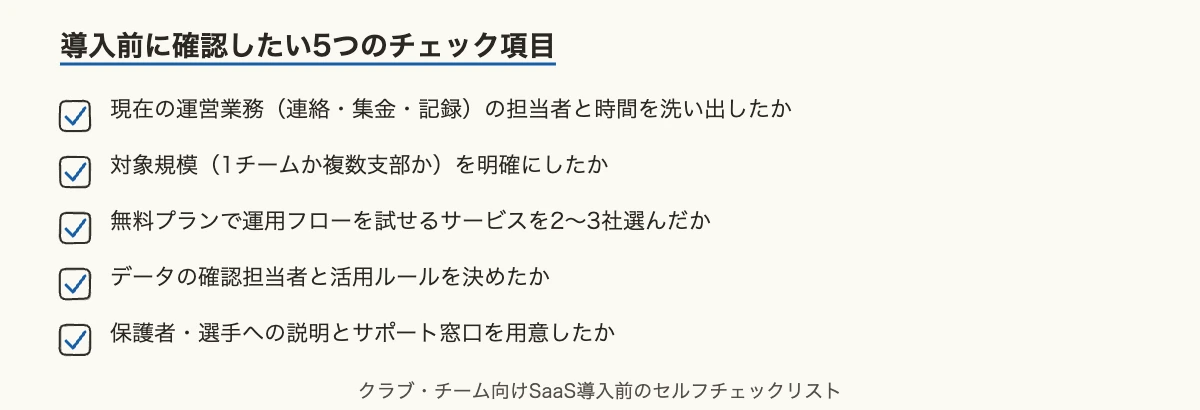 クラブ・チーム向けSaaS導入前に確認したい5つのチェック項目の一覧