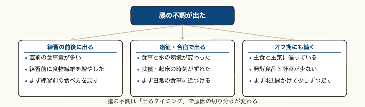 腸内環境の不調が出るタイミング別にアスリートの原因を切り分ける図