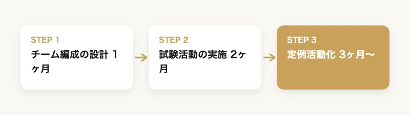 スポーツ混成チーム導入ロードマップ チーム編成の設計・試験活動の実施・定例活動化の3フェーズ