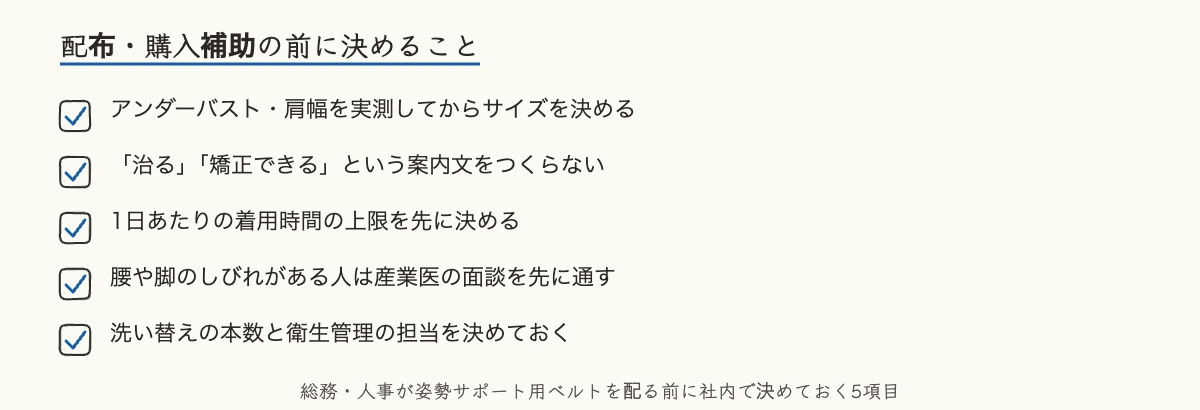 姿勢矯正ベルト12製品比較|企業のデスクワーク対策 12 企業が姿勢矯正ベルトを配布する前に決めておくサイズ実測や案内文などの確認項目を並べたチェックリスト図