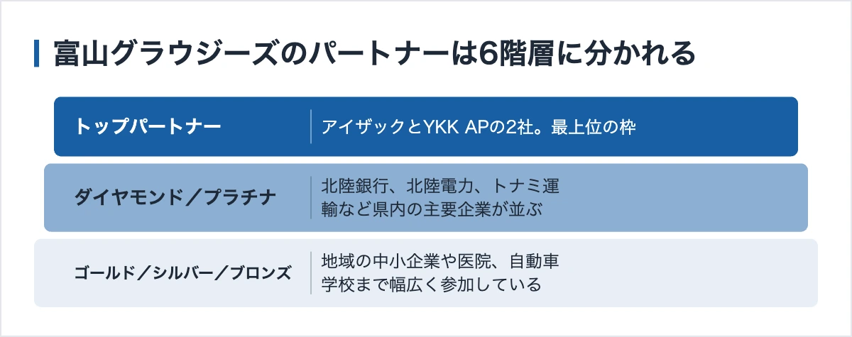 富山グラウジーズのスポンサー183社|6階層の構成と協賛の実態 10 富山グラウジーズのパートナーは6階層に分かれる
