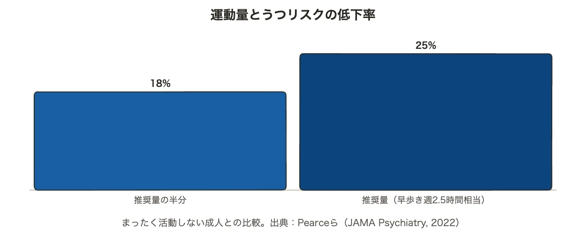 運動量とうつリスクの低下率を示す棒グラフ。推奨量の半分で18%、推奨量で25%低い（運動とメンタルの関係）