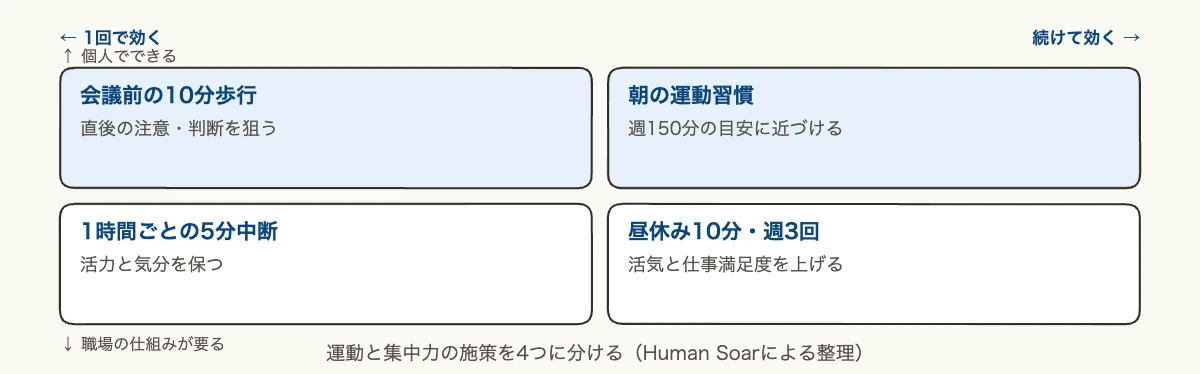 運動と集中力の施策を1回で効く・続けて効くと個人・職場の2軸で分けた図