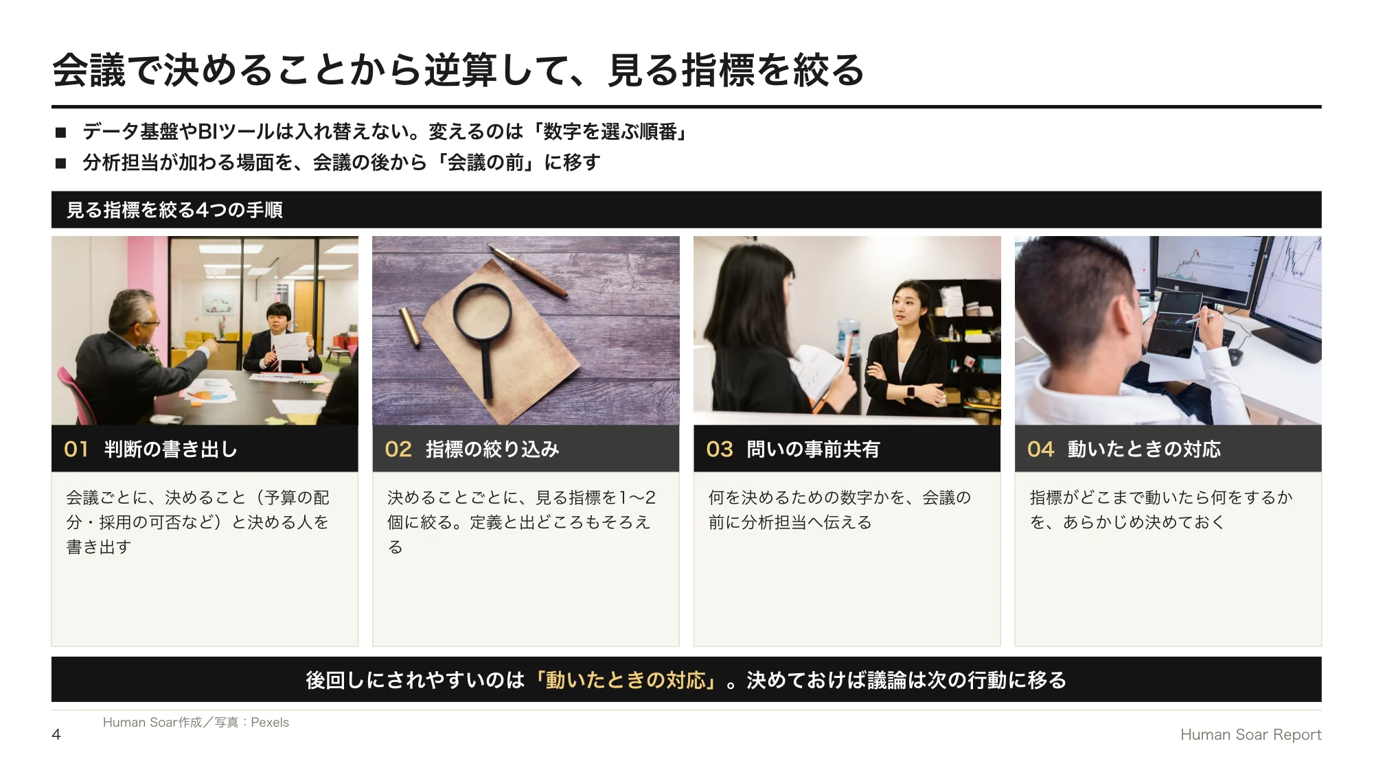 データドリブン経営が進まない企業へ|スポーツ分析に学ぶ指標の絞り方 13 判断指標設計プログラム|判断の書き出しから動いたときの対応まで、見る指標を絞る4つの手順