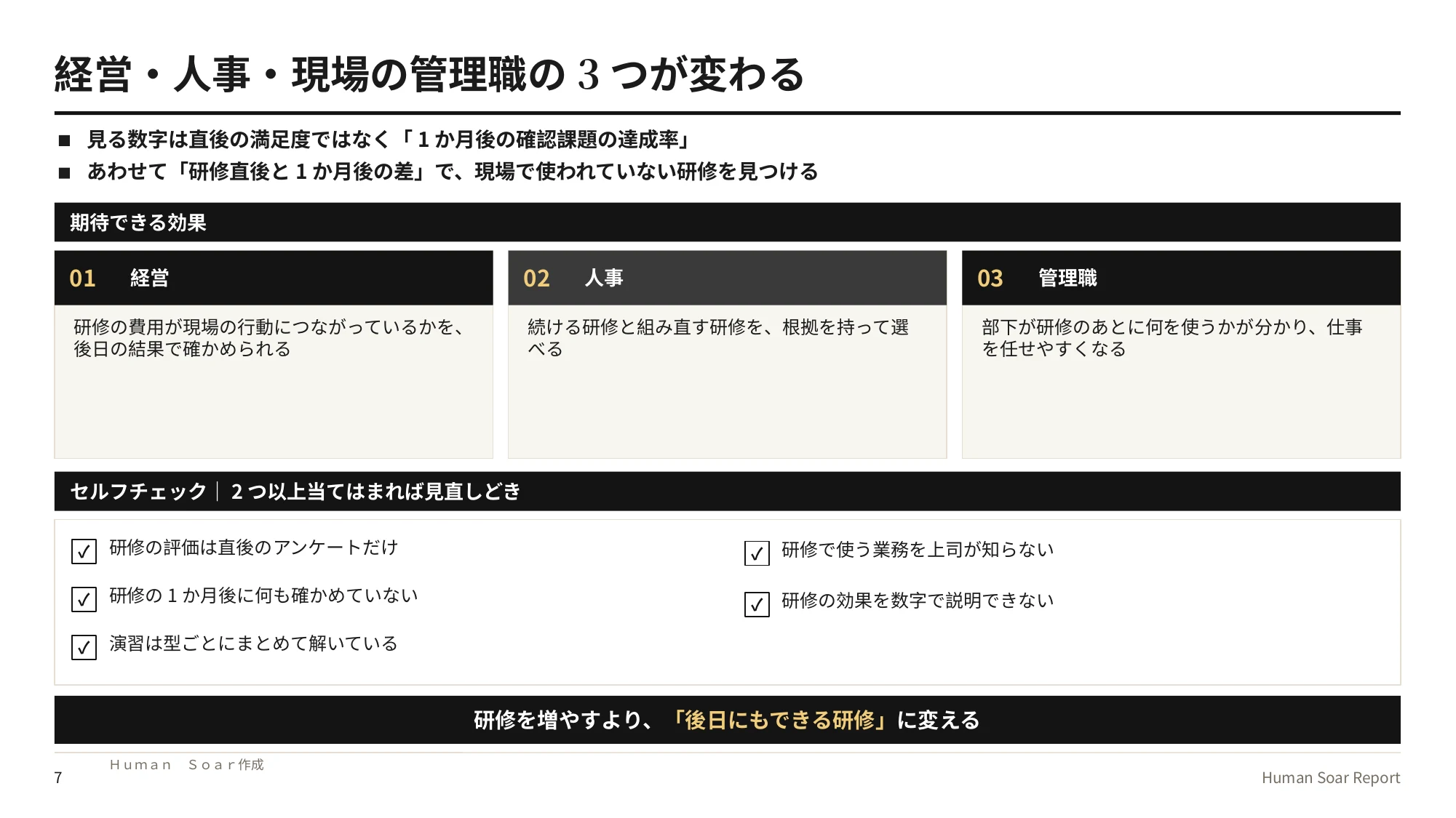研修定着設計プログラム｜経営・人事・管理職の3つの効果と、研修の設計を見直す時期かを確かめるセルフチェック