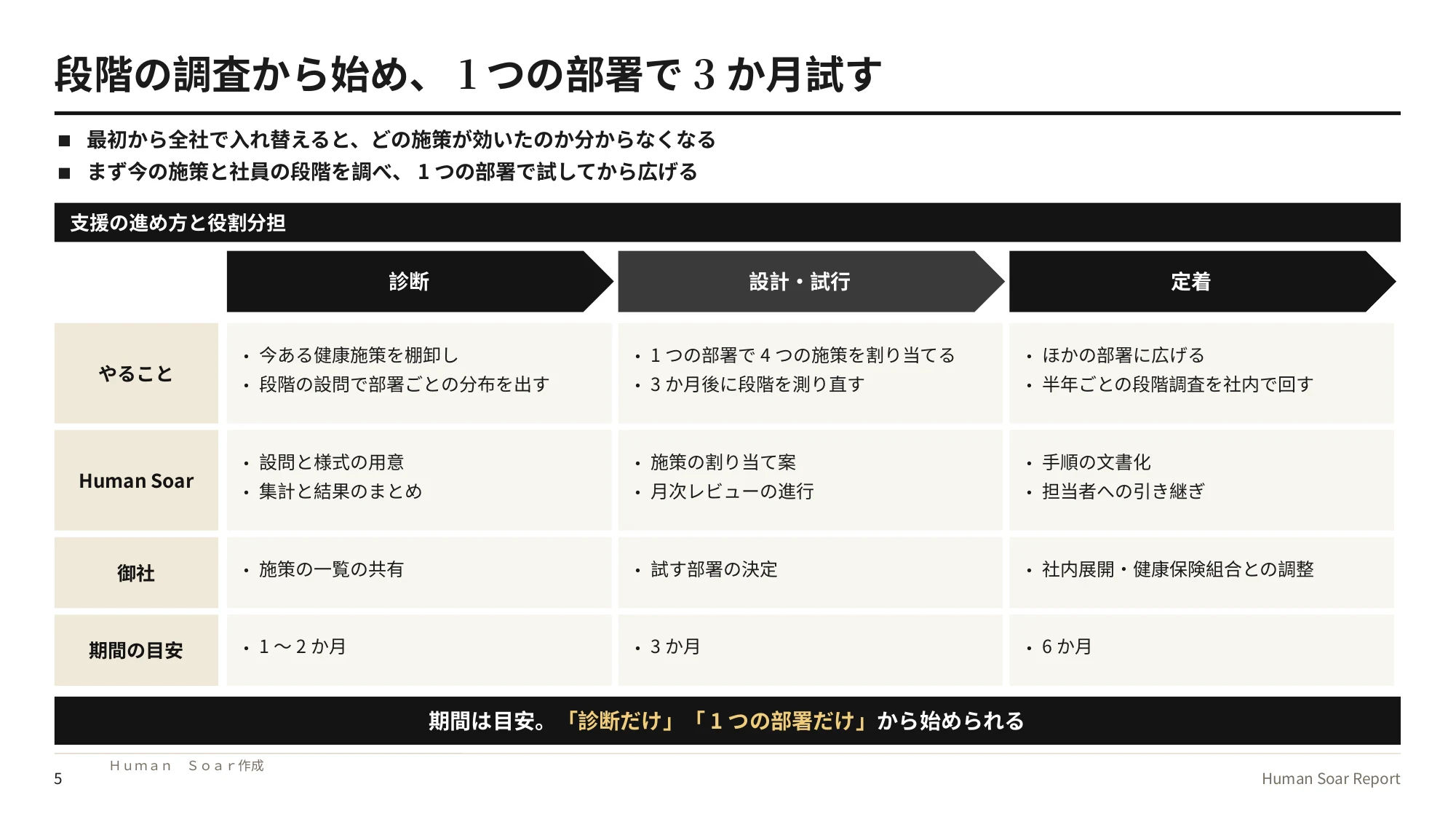 段階別健康施策設計プログラム｜診断・設計と試行・定着の3つのフェーズで、やること・役割分担・期間の目安